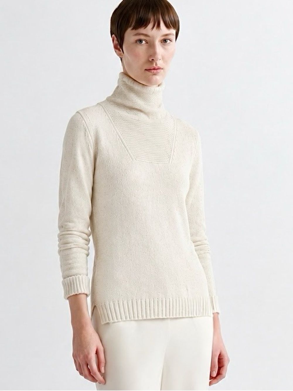$596 TSE 100% Cashmere Ivory Turtleneck textured Cowl Neck Sweater